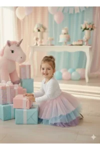 penu baby kids White 3 Layers Color Gradient Tulle Skirt Matte Jersey Fabric Lined Long Sleeve Baby Girl Dress - Image 3