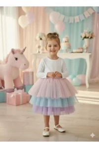 penu baby kids White 3 Layers Color Gradient Tulle Skirt Matte Jersey Fabric Lined Long Sleeve Baby Girl Dress - Image 4