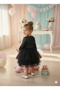 penu baby kids Black 3 Layer Tulle Skirt Shiny Jersey Fabric Lined Long Sleeve Baby Girl Dress - Image 2