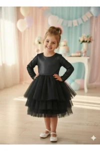 penu baby kids Black 3 Layer Tulle Skirt Shiny Jersey Fabric Lined Long Sleeve Baby Girl Dress - Image 3