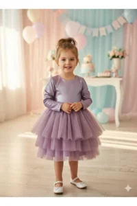 penu baby kids Purple 3 Layer Tulle Skirt Shiny Jersey Fabric Lined Long Sleeve Baby Girl Dress - Image 2