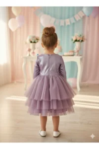 penu baby kids Purple 3 Layer Tulle Skirt Shiny Jersey Fabric Lined Long Sleeve Baby Girl Dress - Image 3