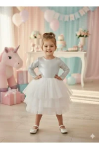 penu baby kids Ecru 3 Layer Tulle Skirt Shiny Jersey Fabric Lined Long Sleeve Baby Girl Dress - Image 2
