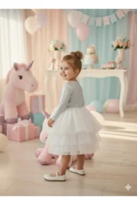 penu baby kids Ecru 3 Layer Tulle Skirt Shiny Jersey Fabric Lined Long Sleeve Baby Girl Dress - Image 3
