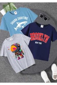 twins tailors Astronaut Printed 3-Pack Unisex Light Blue-Grey-Navy Blue Children's T-Shirt