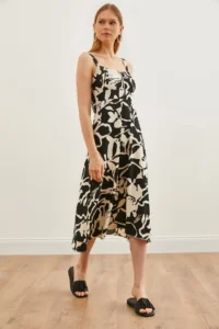 Olalook Women's Black and White Zippered Patterned Knitted Dress