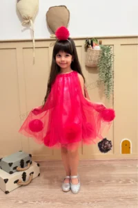 penu baby kids Fuchsia Sleeveless Baby Girl & Girl's Dress with Pom-Pom and Pompom Crown - Lara - Image 2