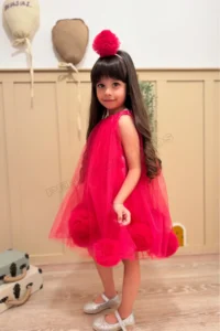 penu baby kids Fuchsia Sleeveless Baby Girl & Girl's Dress with Pom-Pom and Pompom Crown - Lara - Image 3