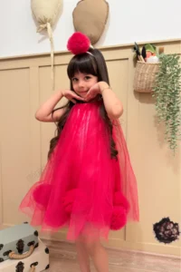 penu baby kids Fuchsia Sleeveless Baby Girl & Girl's Dress with Pom-Pom and Pompom Crown - Lara - Image 4