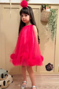 penu baby kids Fuchsia Sleeveless Baby Girl & Girl's Dress with Pom-Pom and Pompom Crown - Lara - Image 5