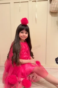 penu baby kids Fuchsia Sleeveless Baby Girl & Girl's Dress with Pom-Pom and Pompom Crown - Lara - Image 6
