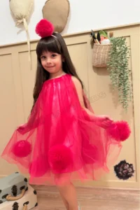 penu baby kids Fuchsia Sleeveless Baby Girl & Girl's Dress with Pom-Pom and Pompom Crown - Lara - Image 7