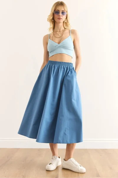 Olalook Women's Indigo Pocketed Elastic Waist Midi Woven Bell Skirt