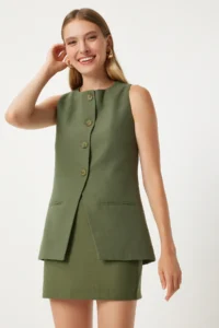 Happiness İstanbul Women Dark Sage Green Mini Weaving Skirt - Image 2