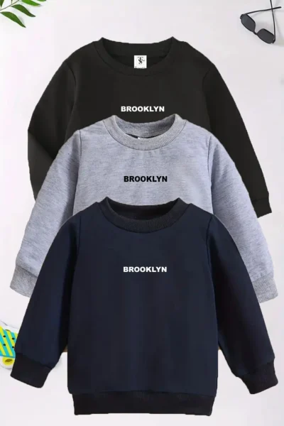 twins tailors Brooklyn Printed 3 Pack Unisex Grey-Black-Navy Blue Crew Neck Kids Sweatshirt