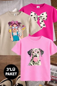 twins tailors Gum Chewing Dog and Heart Ribbon Printed 3 Pack Fuchsia-Pink-Beige Girls' T-Shirt