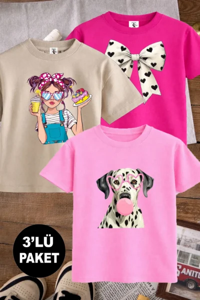 twins tailors Gum Chewing Dog and Heart Ribbon Printed 3 Pack Fuchsia-Pink-Beige Girls' T-Shirt