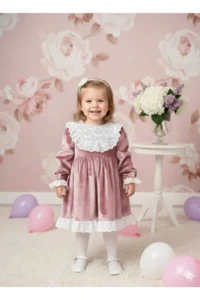 penu baby kids Dusty Rose Lace Detailed Velvet Cotton Lined Baby Girl Dress