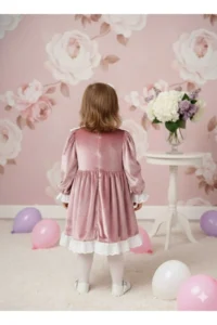 penu baby kids Dusty Rose Lace Detailed Velvet Cotton Lined Baby Girl Dress - Image 2