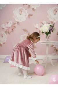penu baby kids Dusty Rose Lace Detailed Velvet Cotton Lined Baby Girl Dress - Image 3