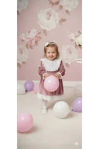 penu baby kids Dusty Rose Lace Detailed Velvet Cotton Lined Baby Girl Dress - Image 4