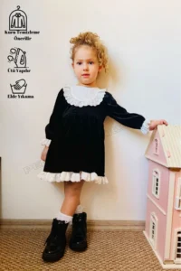 penu baby kids Black Lace Detailed Velvet Cotton Lined Baby Girl Dress - Image 2