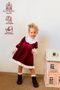 penu baby kids Burgundy Lace Detailed Velvet Cotton Lined Baby Girl Dress