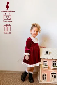 penu baby kids Burgundy Lace Detailed Velvet Cotton Lined Baby Girl Dress - Image 2