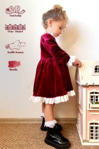 penu baby kids Burgundy Lace Detailed Velvet Cotton Lined Baby Girl Dress - Image 3