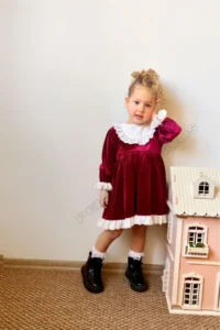 penu baby kids Burgundy Lace Detailed Velvet Cotton Lined Baby Girl Dress - Image 4