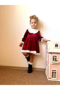 penu baby kids Burgundy Lace Detailed Velvet Cotton Lined Baby Girl Dress - Image 5