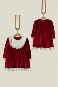 penu baby kids Burgundy Lace Detailed Velvet Cotton Lined Baby Girl Dress - Image 6