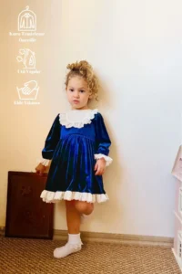 penu baby kids Navy Blue Lace Detailed Velvet Cotton Lined Baby Girl Dress