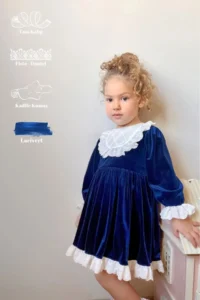 penu baby kids Navy Blue Lace Detailed Velvet Cotton Lined Baby Girl Dress - Image 2