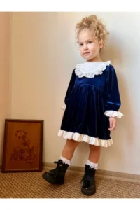 penu baby kids Navy Blue Lace Detailed Velvet Cotton Lined Baby Girl Dress - Image 4
