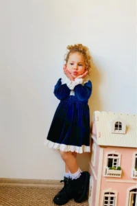 penu baby kids Navy Blue Lace Detailed Velvet Cotton Lined Baby Girl Dress - Image 5
