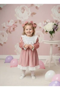 penu baby kids Pink Lace Detailed Velvet Cotton Lined Baby Girl Dress