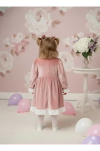 penu baby kids Pink Lace Detailed Velvet Cotton Lined Baby Girl Dress - Image 2