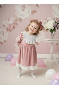 penu baby kids Pink Lace Detailed Velvet Cotton Lined Baby Girl Dress - Image 3