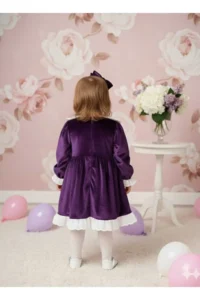 penu baby kids Purple Lace Detailed Velvet Cotton Lined Baby Girl Dress - Image 2