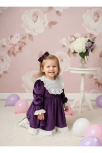 penu baby kids Purple Lace Detailed Velvet Cotton Lined Baby Girl Dress - Image 3