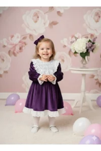 penu baby kids Purple Lace Detailed Velvet Cotton Lined Baby Girl Dress - Image 4