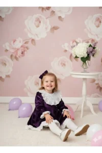 penu baby kids Purple Lace Detailed Velvet Cotton Lined Baby Girl Dress - Image 5