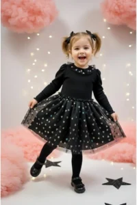 penu baby kids Black Long Sleeve Colorful Heart Tulle Skirt Girls Dress