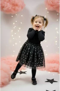 penu baby kids Black Long Sleeve Colorful Heart Tulle Skirt Girls Dress - Image 2