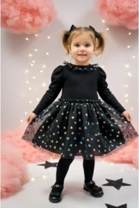 penu baby kids Black Long Sleeve Colorful Heart Tulle Skirt Girls Dress - Image 4