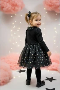 penu baby kids Black Long Sleeve Colorful Heart Tulle Skirt Girls Dress - Image 5