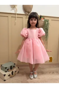 penu baby kids Pink Square Collar Balloon Sleeve Karolin Fabric Bow Detailed Lined Baby Girl Dress