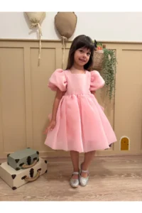 penu baby kids Pink Square Collar Balloon Sleeve Karolin Fabric Bow Detailed Lined Baby Girl Dress - Image 2