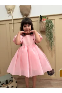 penu baby kids Pink Square Collar Balloon Sleeve Karolin Fabric Bow Detailed Lined Baby Girl Dress - Image 3